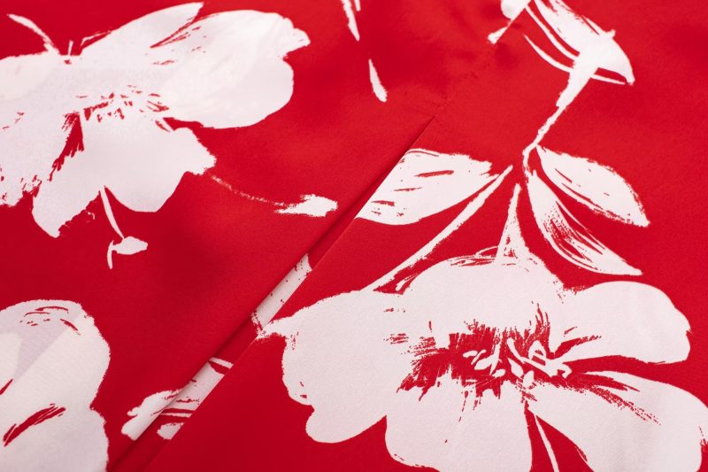 Spring Summer Women Silk Satin Texture Button Decoration Red Floral Print Shirt - Image 15