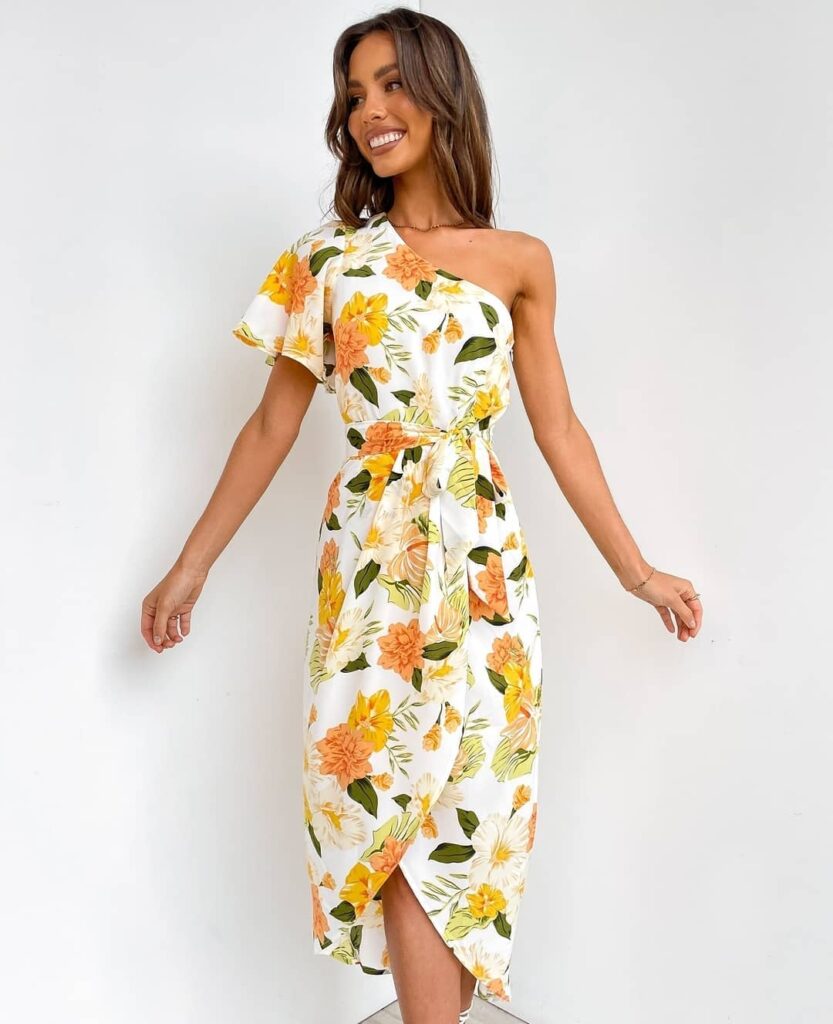 Women Summer One Shoulder Short Sleeved Asymmetrical Irregular Dress - Image 2