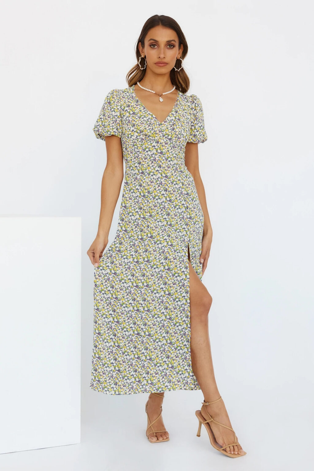 Women Summer V Neck Puff Sleeve Elegant Print Slit Dress - Image 2