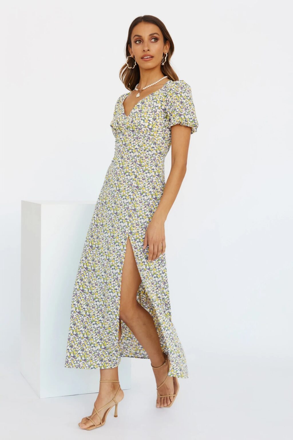Women Summer V Neck Puff Sleeve Elegant Print Slit Dress - Image 3