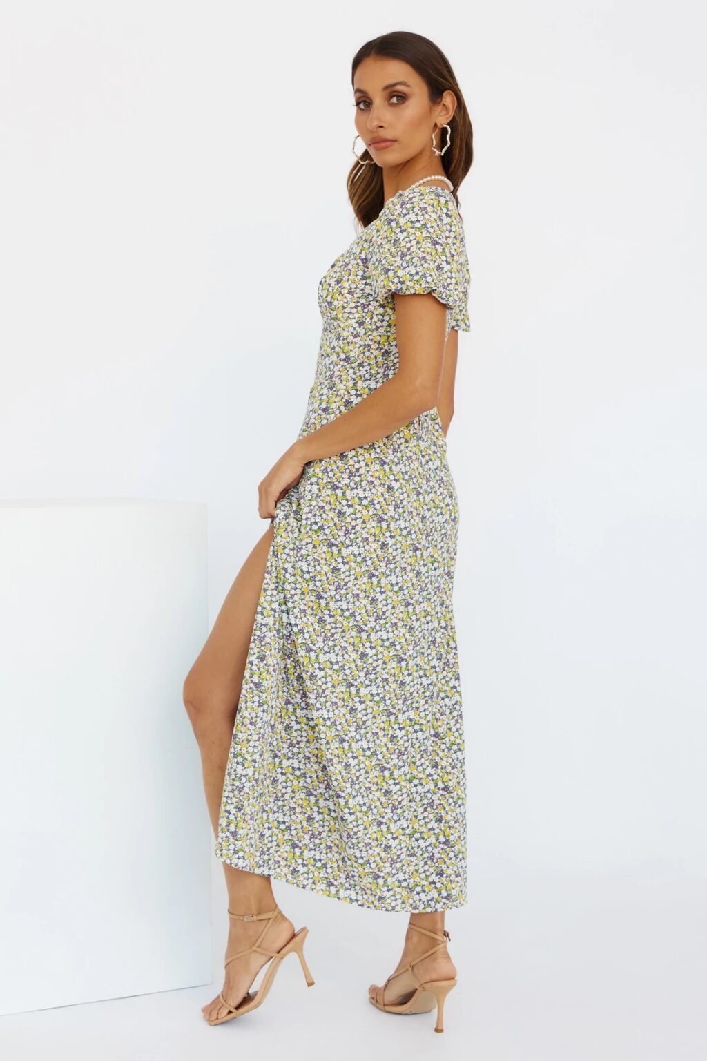 Women Summer V Neck Puff Sleeve Elegant Print Slit Dress - Image 4