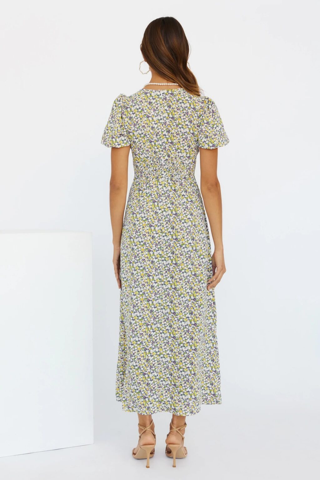 Women Summer V Neck Puff Sleeve Elegant Print Slit Dress - Image 5