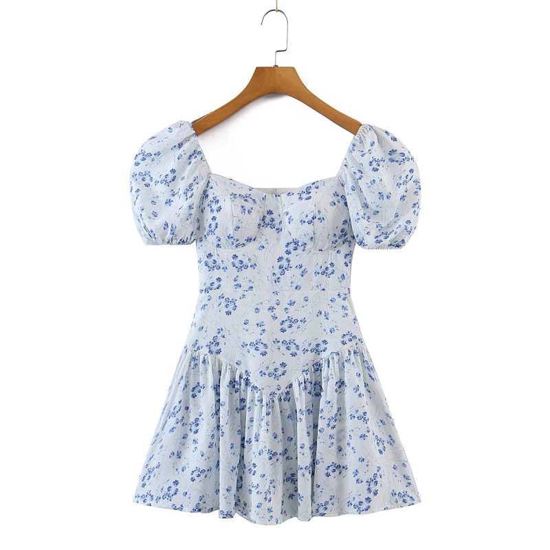 Women Floral Dress Puff Sleeves Summer Sweet Spicy Waist Tight off Shoulder Short - Image 2