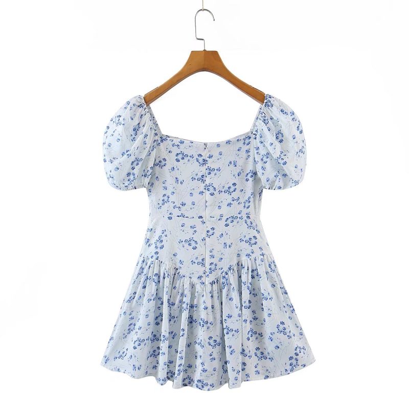 Women Floral Dress Puff Sleeves Summer Sweet Spicy Waist Tight off Shoulder Short - Image 3