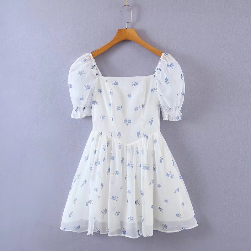 Summer Elegant Slim Floral Dress Women's Niche Mesh Stitching Puff Sleeve Figure Flattering Puffy Dress - Image 2