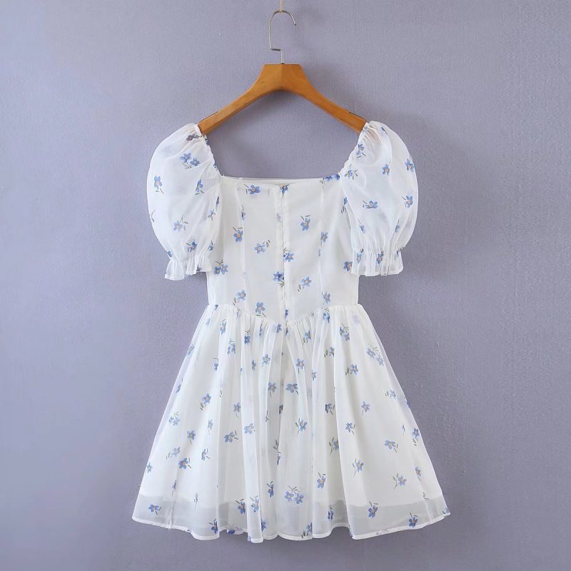 Summer Elegant Slim Floral Dress Women's Niche Mesh Stitching Puff Sleeve Figure Flattering Puffy Dress - Image 3