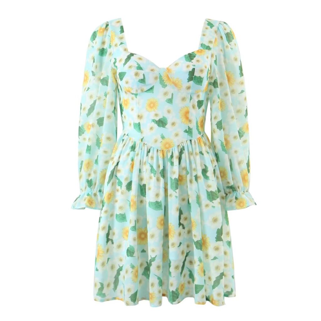 Autumn Pastoral Square Collar Sunflower Printed Long Sleeve Dress Waist Tight