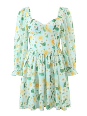 Autumn Pastoral Square Collar Sunflower Printed Long Sleeve Dress Waist Tight