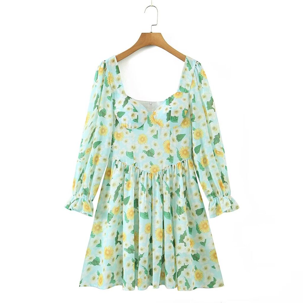 Autumn Pastoral Square Collar Sunflower Printed Long Sleeve Dress Waist Tight - Image 2