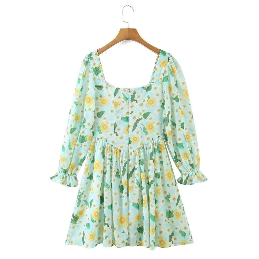 Autumn Pastoral Square Collar Sunflower Printed Long Sleeve Dress Waist Tight - Image 3
