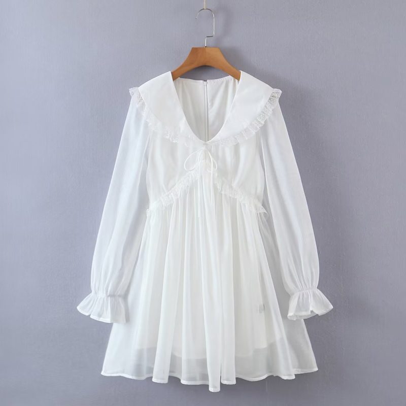 Fall Women Clothing Sexy Lace Peter Pan Collar Waist Controlled Long Sleeves Dress - Image 2