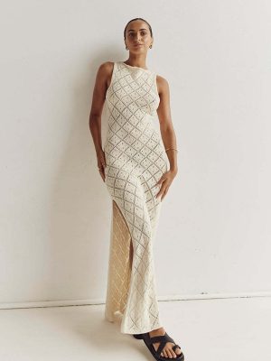 Hollow Out Cutout Mesh Beach Vacation Sexy Dress Knitted Slit Dress Summer