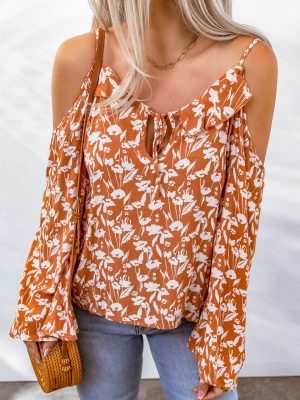 Orange Tie Neck Cold Shoulder Flare Sleeve Floral Blouse