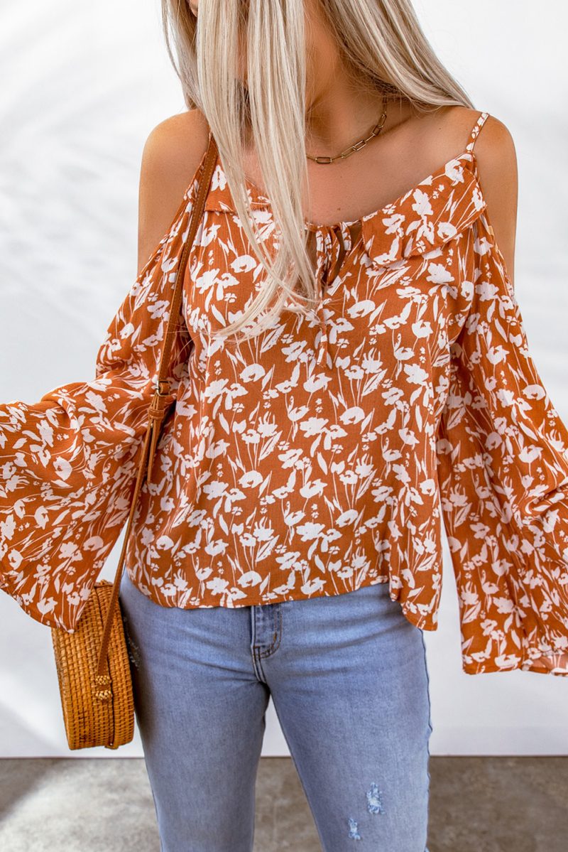 Orange Tie Neck Cold Shoulder Flare Sleeve Floral Blouse - Image 3