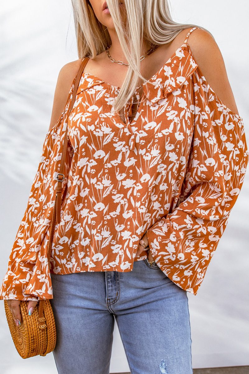 Orange Tie Neck Cold Shoulder Flare Sleeve Floral Blouse - Image 4