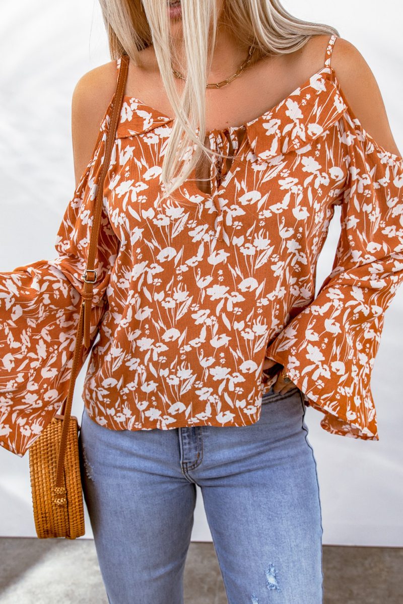 Orange Tie Neck Cold Shoulder Flare Sleeve Floral Blouse - Image 5