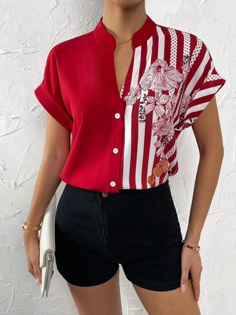 Spring Summer Women Double Striped Contrast Color Floral Button Cardigan Short Sleeve Shirt Women - Image 4