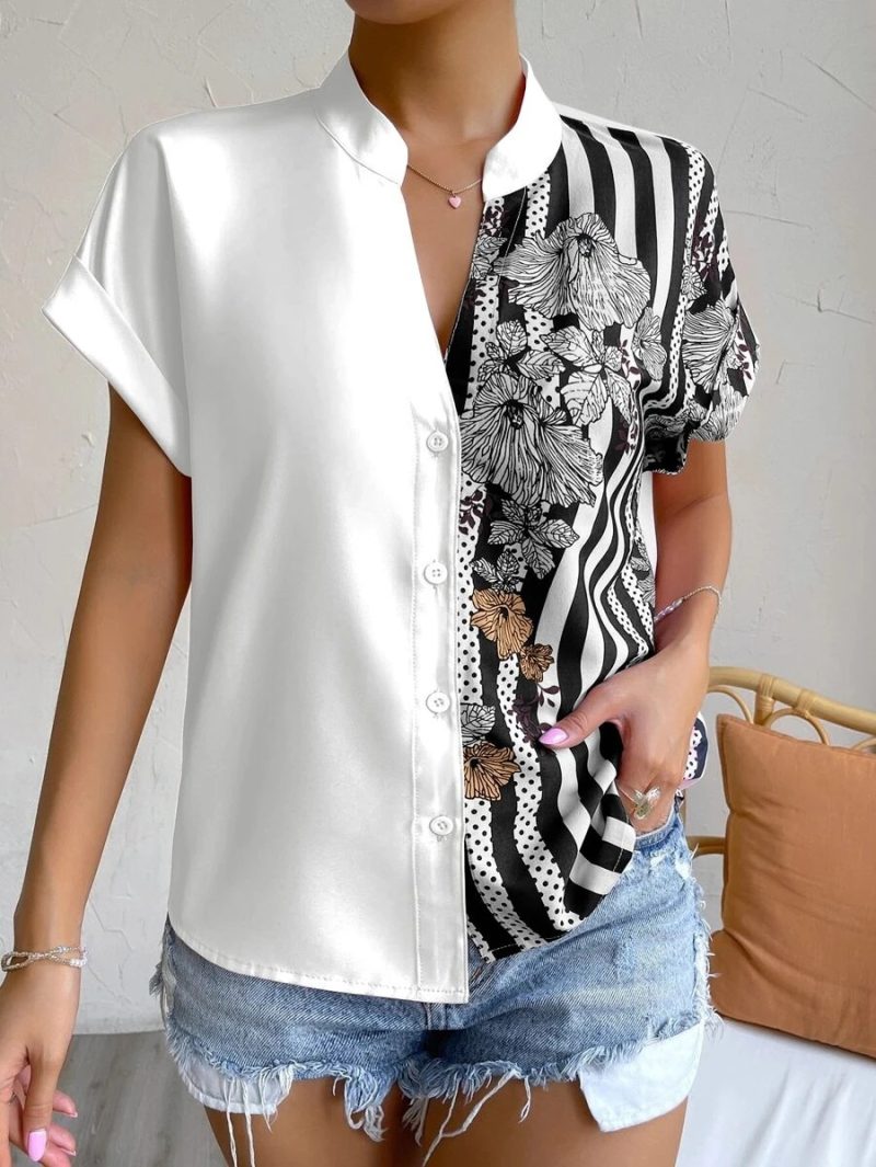 Spring Summer Women Double Striped Contrast Color Floral Button Cardigan Short Sleeve Shirt Women - Image 6
