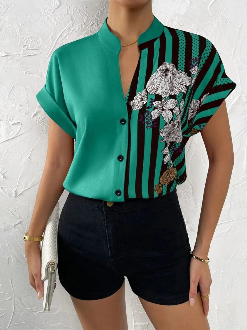 Spring Summer Women Double Striped Contrast Color Floral Button Cardigan Short Sleeve Shirt Women - Image 7