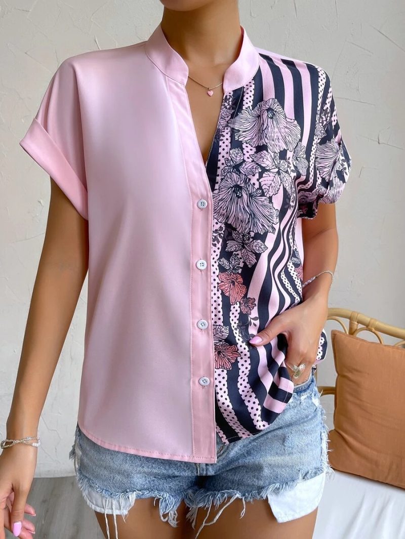 Spring Summer Women Double Striped Contrast Color Floral Button Cardigan Short Sleeve Shirt Women - Image 8