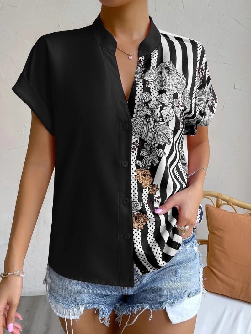 Spring Summer Women Double Striped Contrast Color Floral Button Cardigan Short Sleeve Shirt Women - Image 9