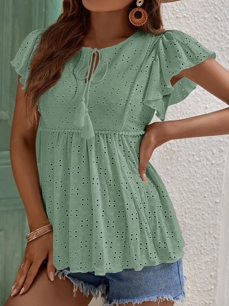 Women Clothing Spring Summer Women Solid Color Jacquard Ruffle Sleeve Elegant T Shirt Top - Image 5