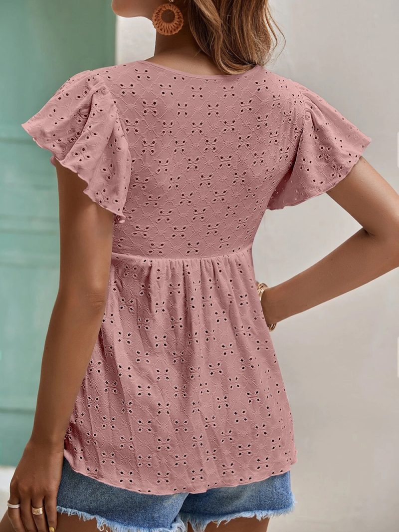 Women Clothing Spring Summer Women Solid Color Jacquard Ruffle Sleeve Elegant T Shirt Top - Image 9