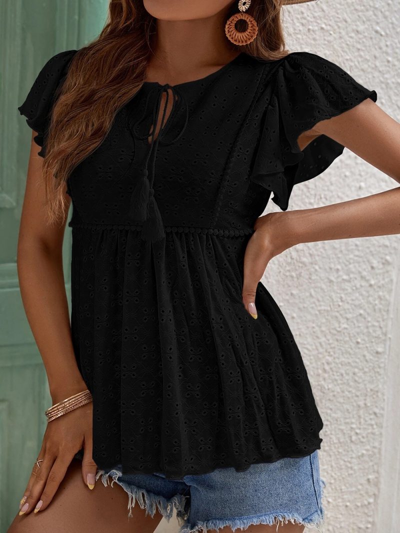 Women Clothing Spring Summer Women Solid Color Jacquard Ruffle Sleeve Elegant T Shirt Top - Image 11