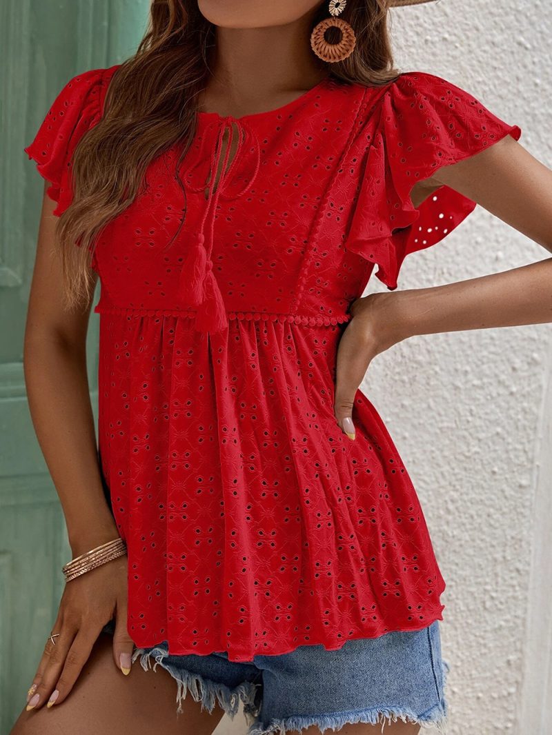 Women Clothing Spring Summer Women Solid Color Jacquard Ruffle Sleeve Elegant T Shirt Top - Image 13