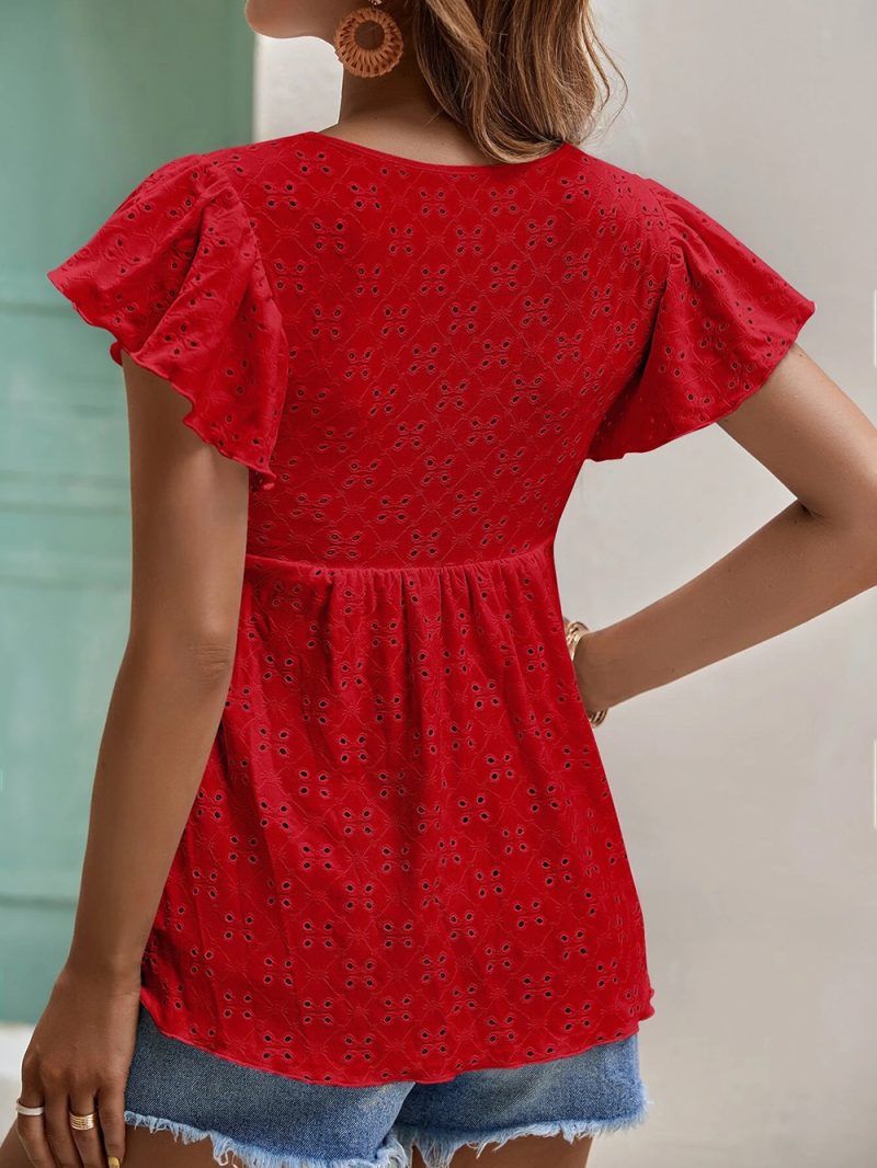 Women Clothing Spring Summer Women Solid Color Jacquard Ruffle Sleeve Elegant T Shirt Top - Image 15