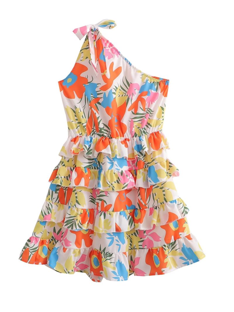 Women Clothing Laminated Decoration Shoulder Lace up One Shoulder Dress Short - Image 2