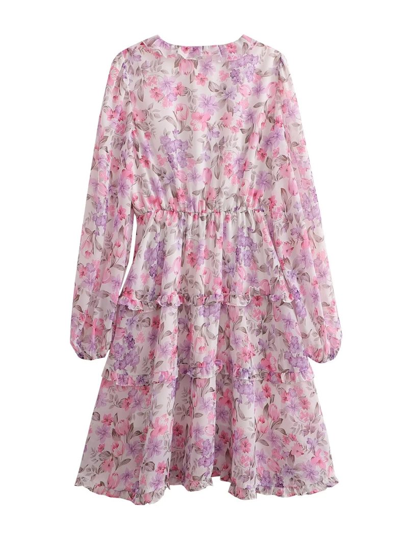 Spring Women Long Sleeved V neck Chiffon Ruffled Dress - Image 2