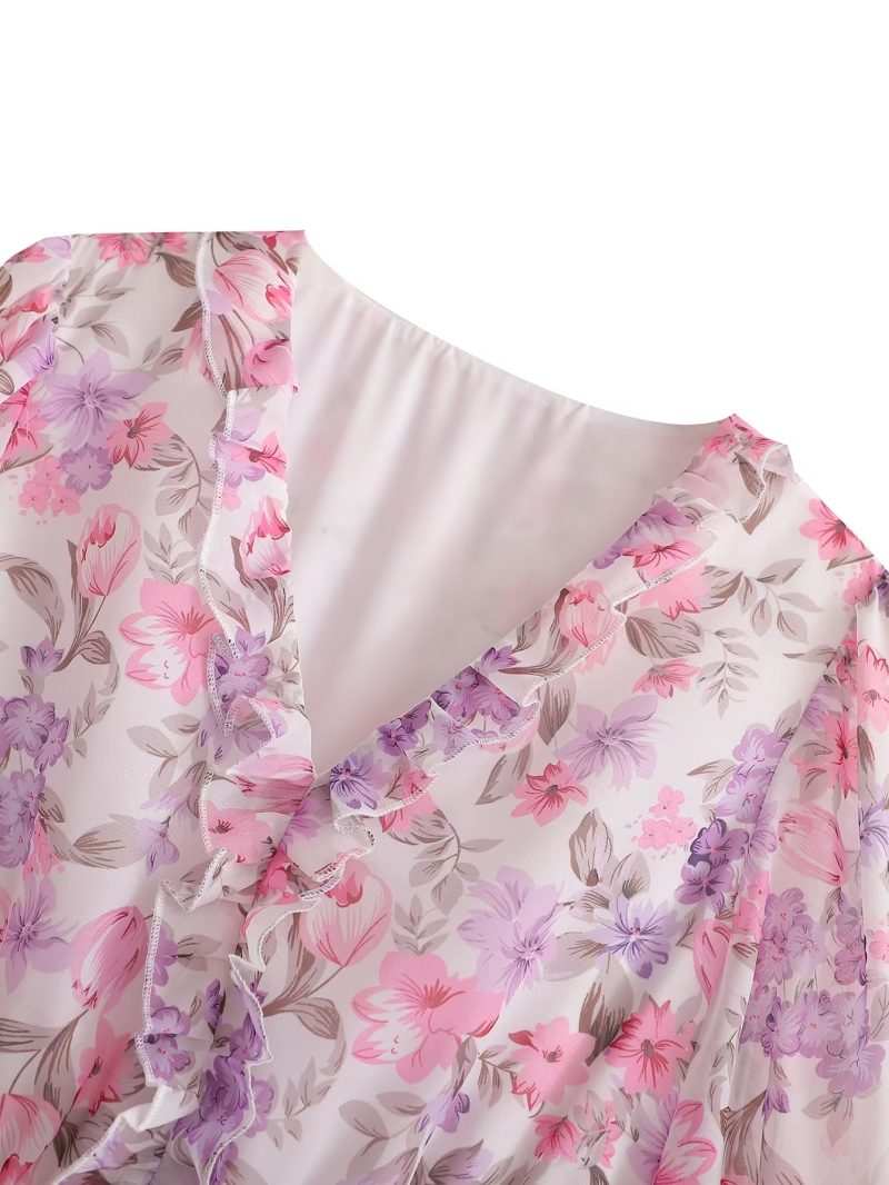 Spring Women Long Sleeved V neck Chiffon Ruffled Dress - Image 3
