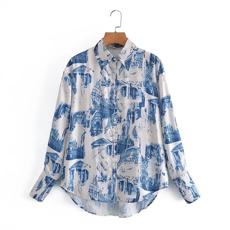 Fall Satin Architectural Printing Front Short Back Length Loose Casual Long Sleeves Shirt Top - Image 3