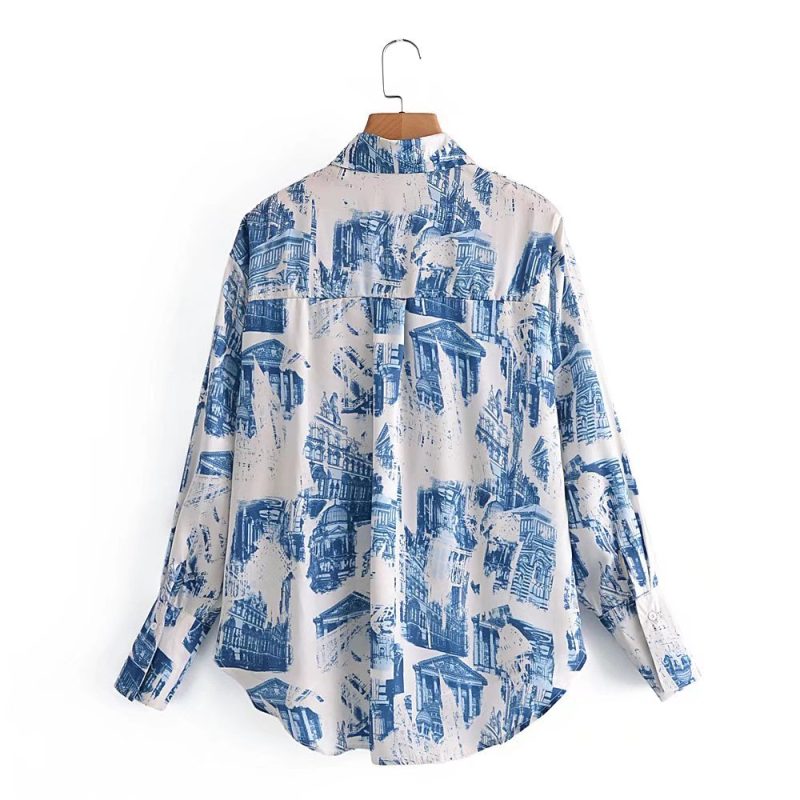 Fall Satin Architectural Printing Front Short Back Length Loose Casual Long Sleeves Shirt Top - Image 4