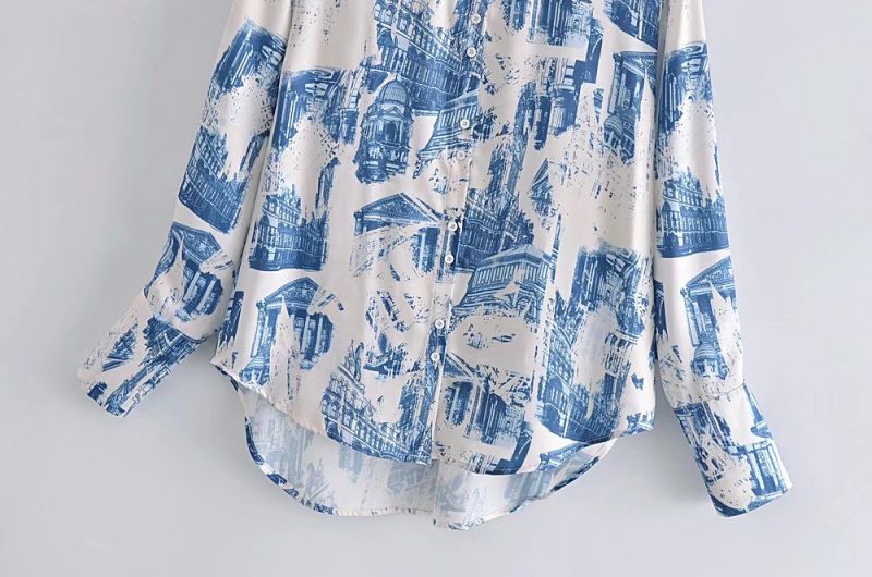 Fall Satin Architectural Printing Front Short Back Length Loose Casual Long Sleeves Shirt Top - Image 5