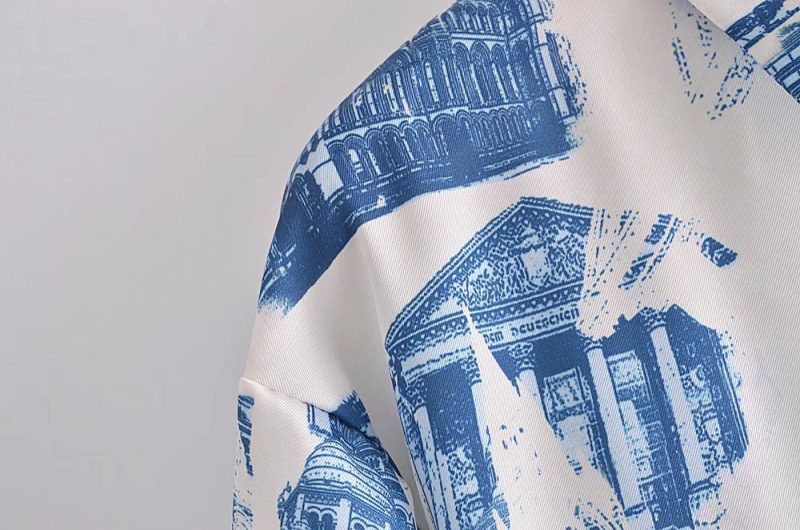 Fall Satin Architectural Printing Front Short Back Length Loose Casual Long Sleeves Shirt Top - Image 6
