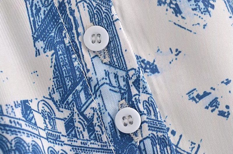 Fall Satin Architectural Printing Front Short Back Length Loose Casual Long Sleeves Shirt Top - Image 8