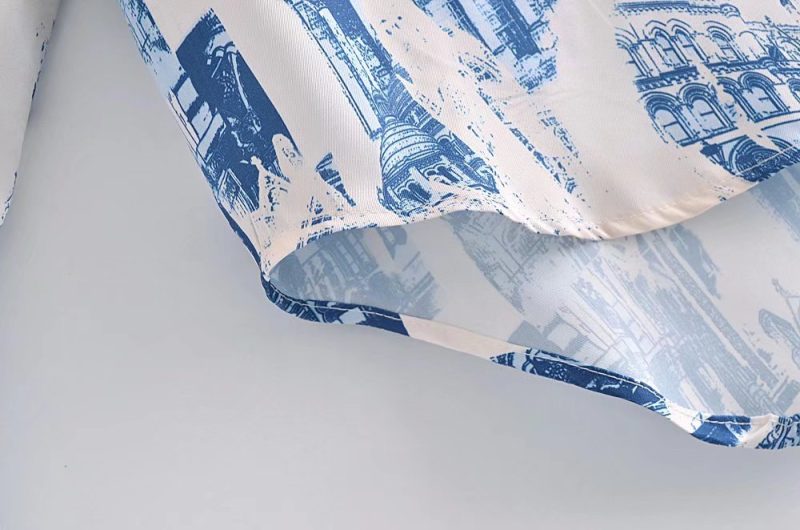 Fall Satin Architectural Printing Front Short Back Length Loose Casual Long Sleeves Shirt Top - Image 9
