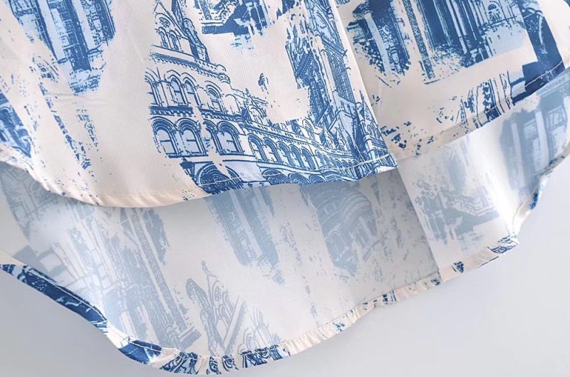 Fall Satin Architectural Printing Front Short Back Length Loose Casual Long Sleeves Shirt Top - Image 10