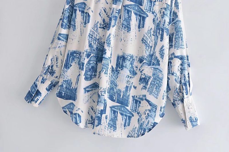 Fall Satin Architectural Printing Front Short Back Length Loose Casual Long Sleeves Shirt Top - Image 11