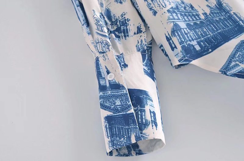 Fall Satin Architectural Printing Front Short Back Length Loose Casual Long Sleeves Shirt Top - Image 12