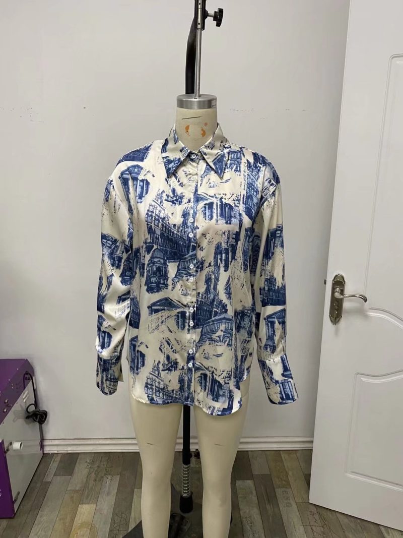 Fall Satin Architectural Printing Front Short Back Length Loose Casual Long Sleeves Shirt Top - Image 14