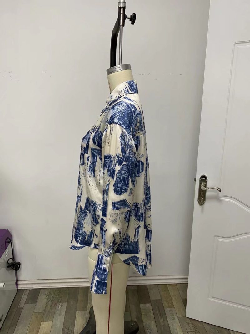 Fall Satin Architectural Printing Front Short Back Length Loose Casual Long Sleeves Shirt Top - Image 15