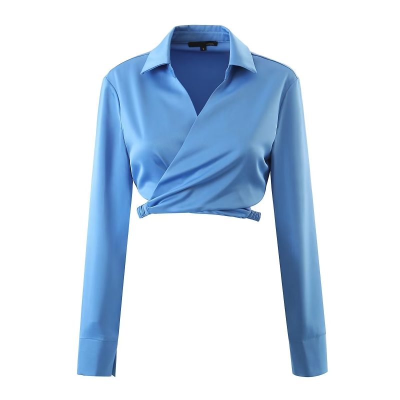 Autumn Pullover Long Sleeve Collared Slim Short Cross Metal Buckle One Piece Wrap Shirt - Image 2