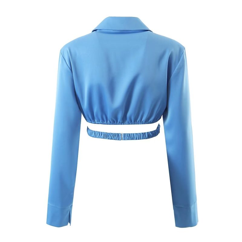 Autumn Pullover Long Sleeve Collared Slim Short Cross Metal Buckle One Piece Wrap Shirt - Image 3