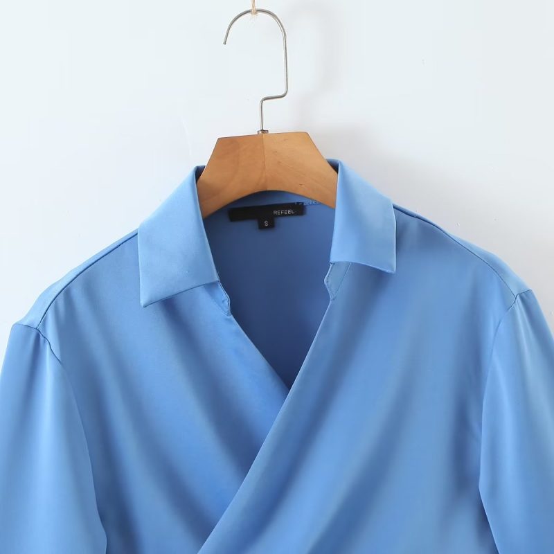 Autumn Pullover Long Sleeve Collared Slim Short Cross Metal Buckle One Piece Wrap Shirt - Image 5