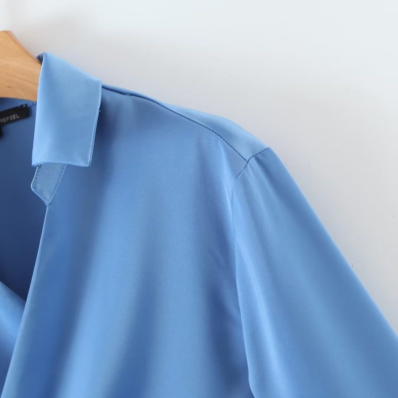 Autumn Pullover Long Sleeve Collared Slim Short Cross Metal Buckle One Piece Wrap Shirt - Image 6