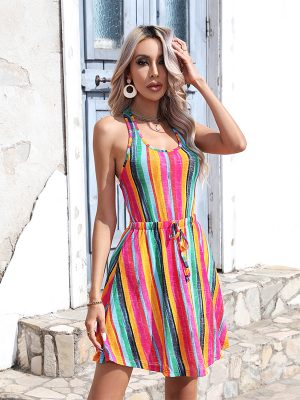 Women  Spring and Autumn New Explosions Holiday Striped Sling Dress