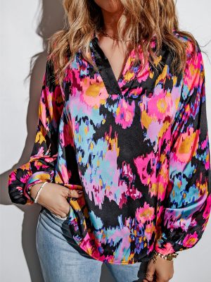 Purple Graffiti Printed V Neck Puff Sleeve Blouse